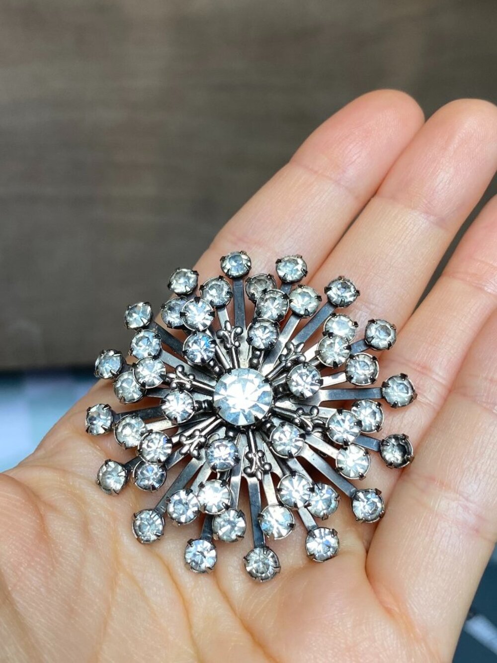 1960s vintage riveted silver rhinestone sunburst brooch pin starburst atomic